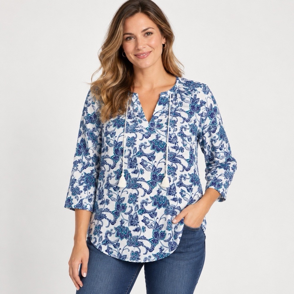 lucky brand womens floral tunic top floral blouse blue white L